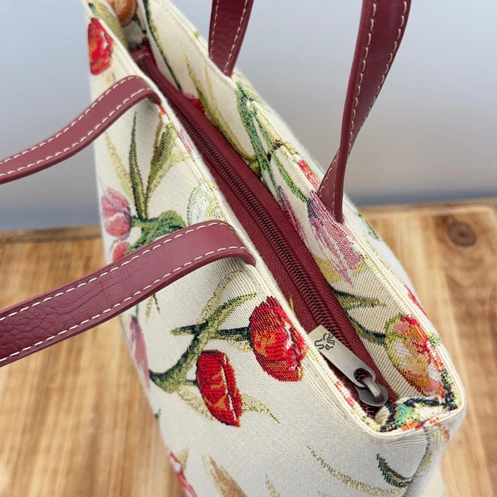 Signare Tapestry Tote Bag Red Tulip Floral Woven Handbag Burgundy Handles